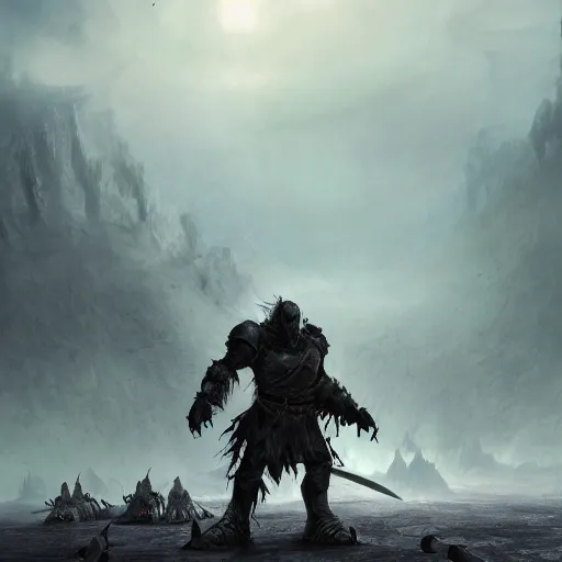 Image similar to A single knight standing against an army of orcs in the desert, HD, ultra detail, matte, fantasy, famous illustration, masterpiece, dark atmosphere, war, good value control, intricate, cinematic, concept art, 8K, foggy,