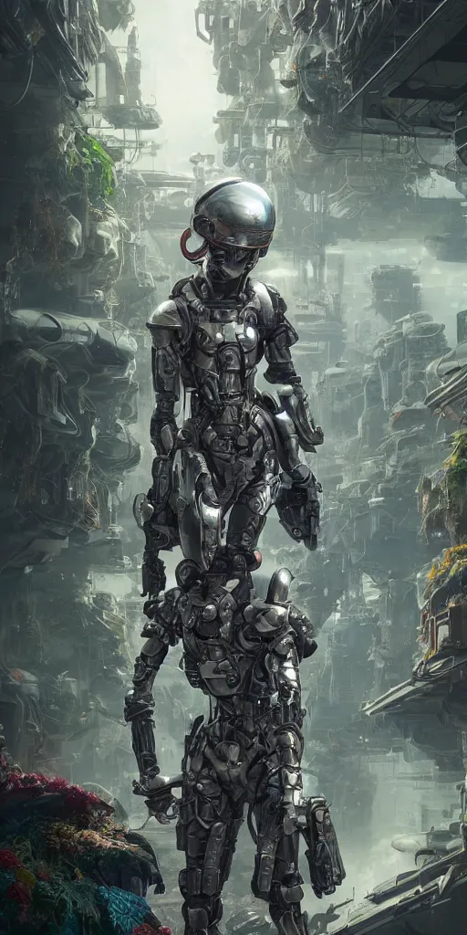Prompt: Futuristic female soldier with open helmet in armour standing in a machine city with alien plants, highly detailed, fractals, ornate, cinematic, 8k, by Stanley Artgermm, Tom Bagshaw, Greg Rutkowski, Carne Griffiths, Ayami Kojima, trending on DeviantArt, hyper detailed, full of color, digital art,