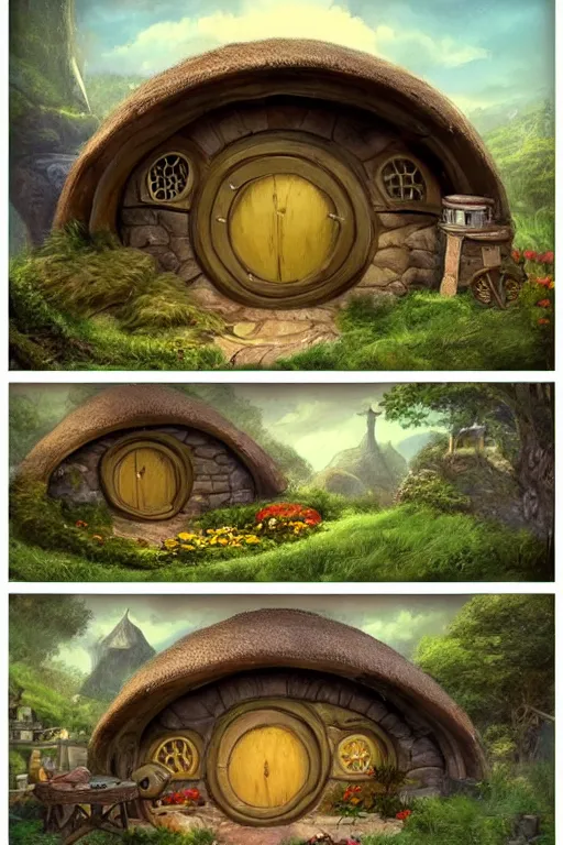 Prompt: beautiful matte painting of a hobbit house with round door and windows under a hill, whimsical by brian kesinger and thunder brush, artstation