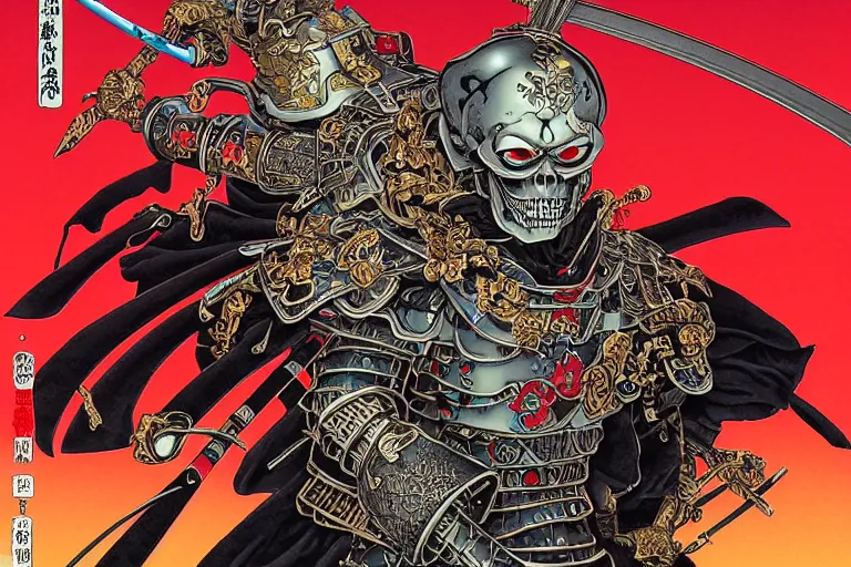 Prompt: portrait of a crazy skeletor samurai with japanese armor and helmet, by yoichi hatakenaka, masamune shirow, josan gonzales and dan mumford, ayami kojima, takato yamamoto, barclay shaw, karol bak, yukito kishiro