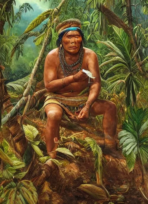 Image similar to a beautiful painting of an indigenous man taking tobacco snuff in the amazonian jungle , fantasy art, matte painting, highly detailed