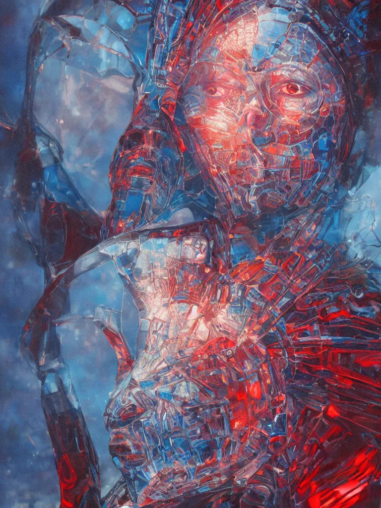 Prompt: symmetry closeup portrait of a transparent cyborg mam druid, shattered glass, cinematic light, backlight, red sky blue, misty, by mikhail vrubel, by philippe druillet, by peter elson, by gerald brom, muted colors, ( ( extreme detail ) ), trending on artstation, 8 k