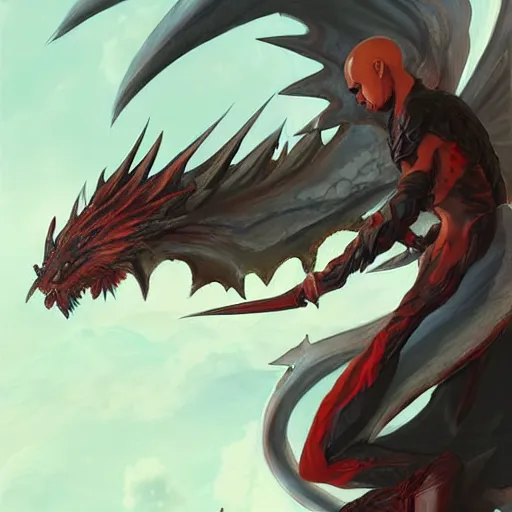 Image similar to full body anime style human in dragon form, bald, fire beard. fantasy style. very punk / alt aesthetic. wings and tail, a highly detailed, digital painting, artstation, concept art, matte, sharp focus, illustration, art by artgerm and greg rutkowski