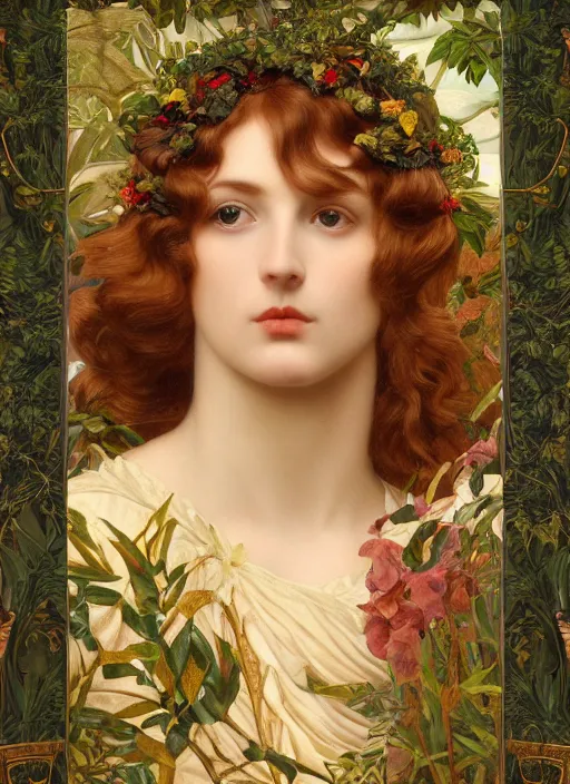 Prompt: masterpiece beautiful seductive flowing curves preraphaelite face portrait amongst leaves, extreme close up shot, straight bangs, thick set features, yellow ochre ornate medieval dress, horns, amongst foliage mushroom forest arch framed with plants, gold gilded circle halo, kilian eng and frederic leighton and rosetti, 4 k