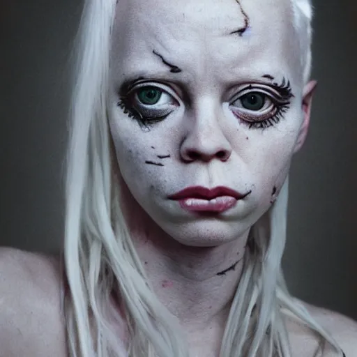 Image similar to realistic expired kodak film portrait of female albino yolandi visser, hyperrealism, hypermaximalism, photorealistic, detailed, atmospheric, 8 k, award winning photography, cinematic