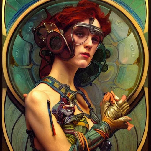 Prompt: a retrofuturist painting in the style of donato giancola, and in the style of tom bagshaw, and in the style of alphonse mucha. symmetry, smooth, sharp focus, semi - realism, intricate detail.