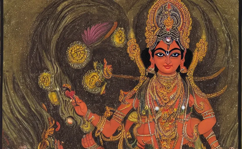 Image similar to highly detailed hindu goddess kaali, night, field, unsettling photo