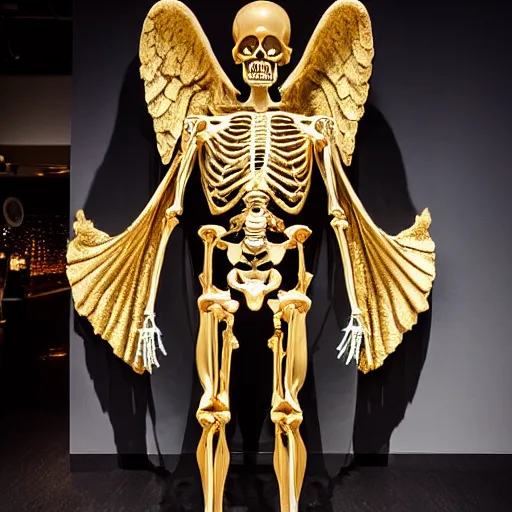 Prompt: an anatomical correct angel male skeleton covered in 2 4 k gold leaf, the skeleton is in the middle of a futuristic museum, photographed by andrew thomas huang