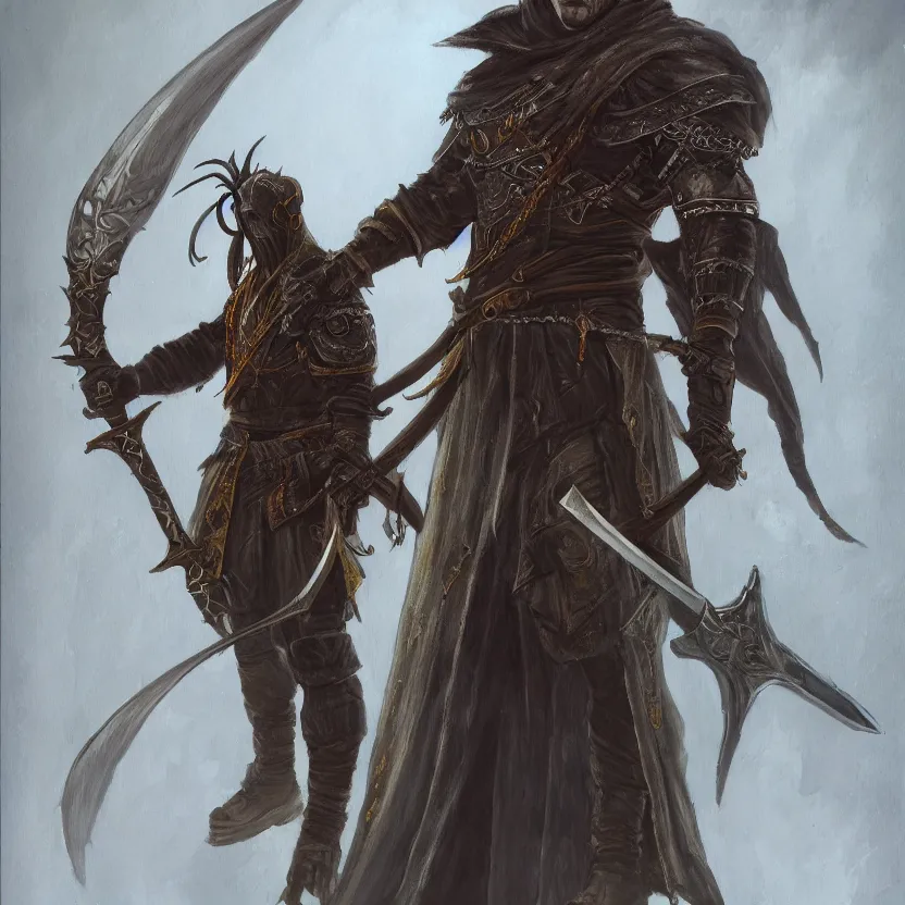 Image similar to an oil drawing of a gipsy tiefling with great sword in his hand in style of dark souls, a character portrait by muggur, disco elysium character, featured on deviantart, fantasy art, concept art, official art, hd mod