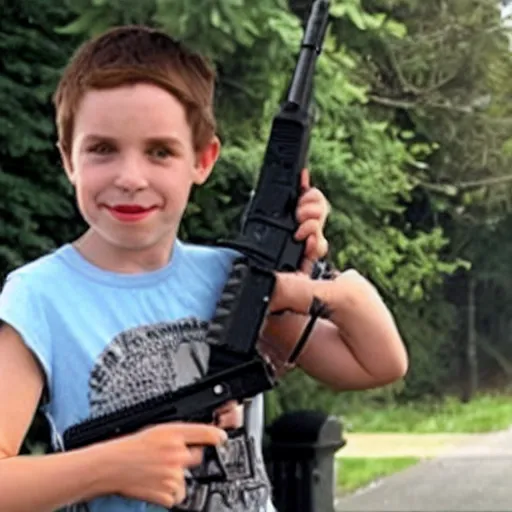 Prompt: boy from Diary of a Wimpy Kid holding an AR-15