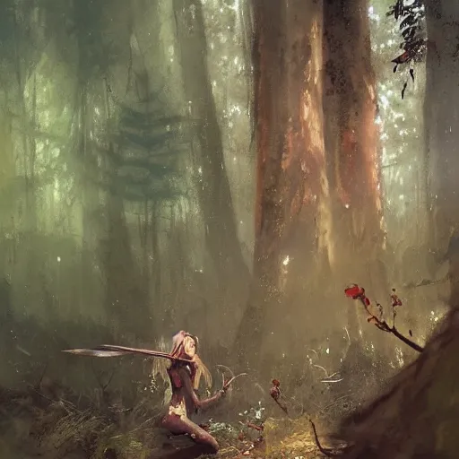 Prompt: archer elf in a forest, art by artem demura