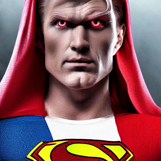 Image similar to portrait of a evil blonde superman two sides hair and thin face lines, his cape is the american flag, he is angry, 8 k, hyper realistic, movie imax shot, film, cinematography, red