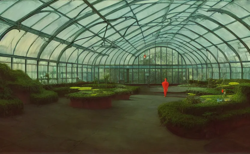 Image similar to Inside a victorian greenhouse, Edward Hopper and James Gilleard, Zdzislaw Beksinski, Mark Ryden, Wolfgang Lettl highly detailed, hints of Yayoi Kasuma