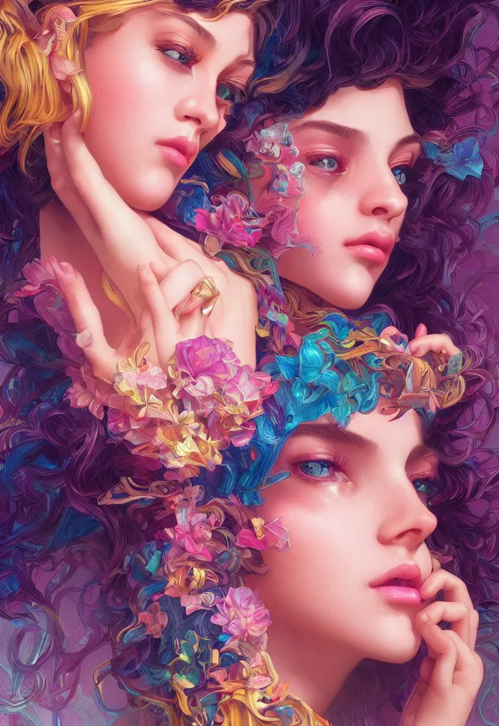 Image similar to beautiful, young woman, detailed gorgeous face, vaporwave aesthetic, synthwave, colorful, psychedelic, artstation, concept art, smooth, extremely sharp detail, finely tuned detail, ultra high definition, 8 k, unreal engine 5, ultra sharp focus, illustration, art by mary dimova, artgerm, greg rutkowski and alphonse mucha
