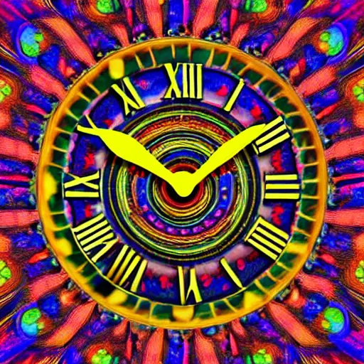 Image similar to a trippy coo coo clock face psychedelic art 3 d