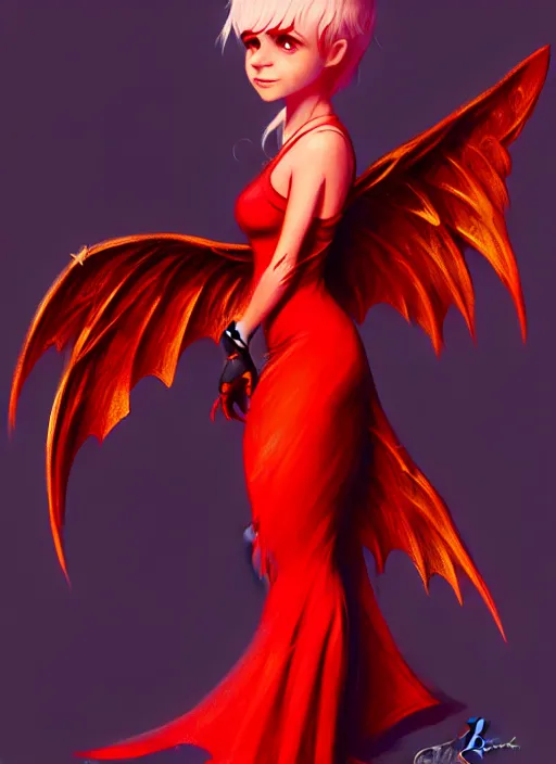 Image similar to Full-body illustration of tiny pixie, D&D fantasy, wearing a red dress, with large wings, intricate, highly detailed, digital painting, artstation, concept art, sharp focus, illustration, art by greg rutkowski and Ross Tran