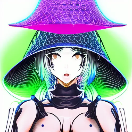 Image similar to cyberwitch super buxom anime girl wearing neon mesh witch hat. cyber sphere symmetrical face. symmetrical detailed defined eyes. beautiful lineart. stereoscopic image of alan turing discovering lsd, stop motion vinyl action figure, plastic, toy, gilbert and george style