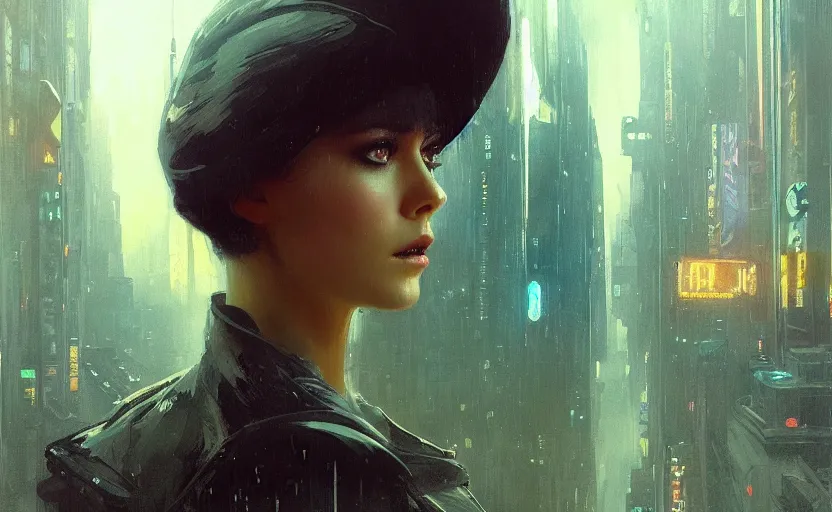 Prompt: 2 0 1 8 blade runner movie still girl look at the cityscape from roof perfect prtrait of young madison beer face fine realistic face pretty face neon puffy jacket blue futuristic sci - fi elegant by denis villeneuve tom anders zorn hans dragan bibin thoma greg rutkowski ismail inceoglu illustrated sand storm alphonse mucha