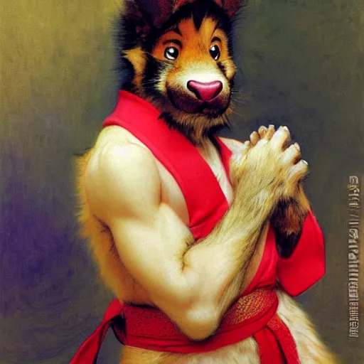 Prompt: a portrait of a furry hamato yoshi wearing a red kimono, hairy, furry body, furry arms, feet, tail. highly detailed painting by gaston bussiere, craig mullins, j. c. leyendecker, furry