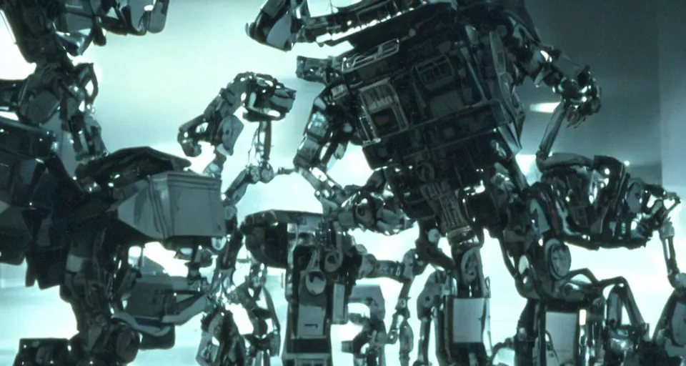 Prompt: movie still johnny 5 from short circuit vs the terminator endoskeleton, cinematic lighting, epic composition, film grain,