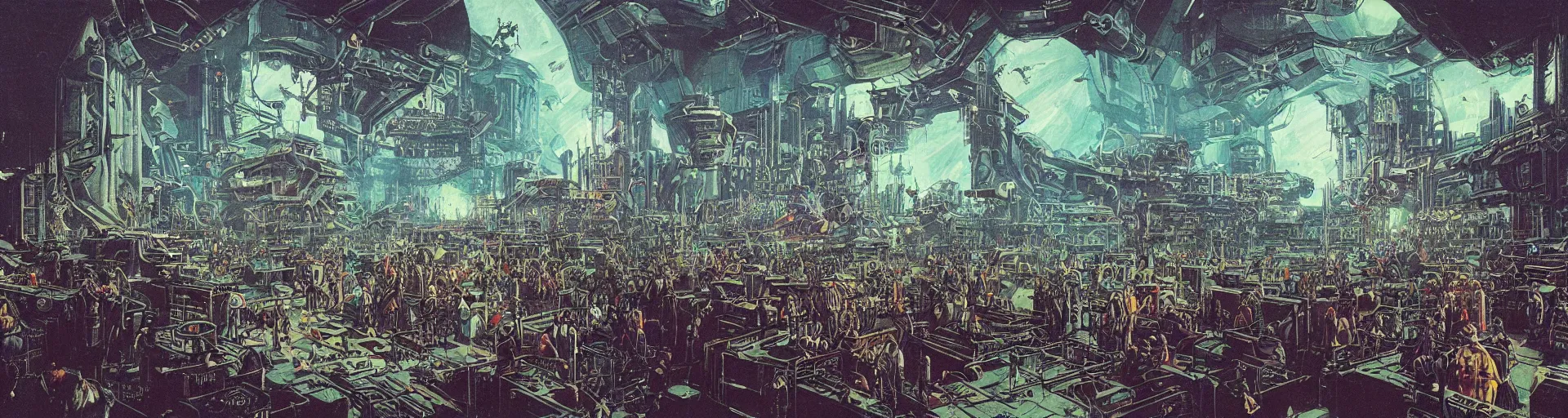 Image similar to a techno rave club in berlin, concept art, intricate details, highly detailed, vintage sci - fi poster, retro future, in the style of chris foss, rodger dean, moebius, michael whelan, and gustave dore