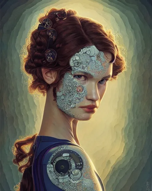 Prompt: art nouveau style head and shoulders portrait photo of 1 4 year old lily james as a sad intricate detailed cyborg girl by pixar, by weta, wlop, ilya kuvshinov, rossdraws, artgerm, latex, iridescent, bright morning, anime, liosh, donato giancola, mucha