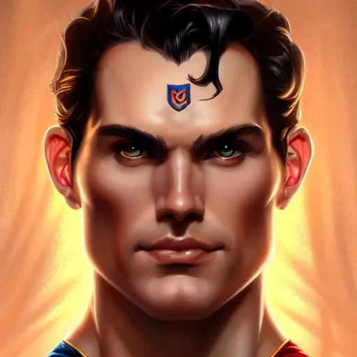 Image similar to symmetry!! front - faced portrait of superman, intricate, elegant, highly detailed, my rendition, digital painting, artstation, concept art, smooth, sharp focus, illustration, art by artgerm and greg rutkowski and alphonse mucha