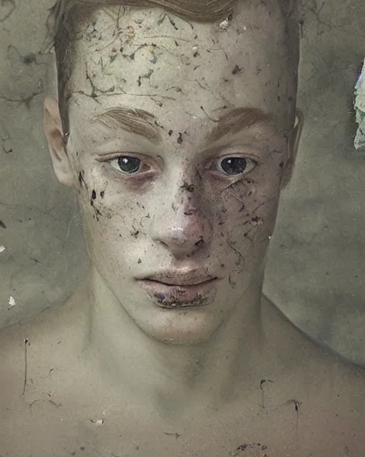 Prompt: a beautiful and eerie baroque painting of a beautiful but serious young man in layers of fear, with haunted eyes and freckles, 1 9 7 0 s, seventies, peeling wallpaper, wilted flowers, morning light showing injuries, delicate ex embellishments, painterly, offset printing technique