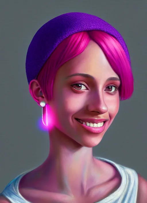 Image similar to portrait of teenage vanessa morgan with bright pink hair, vanessa morgan, curly pixie cut hair, wearing a purple breton cap, breton cap, subtle confident smile, hoop earrings, intricate, elegant, glowing lights, highly detailed, digital painting, artstation, concept art, smooth, sharp focus, illustration, art by wlop, mars ravelo and greg rutkowski