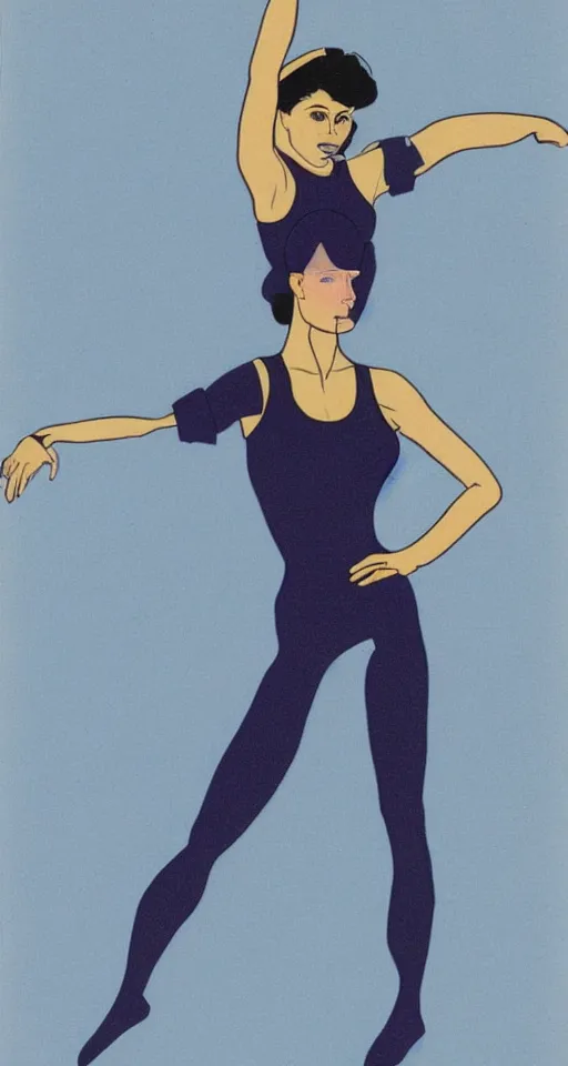 Prompt: full body portrait of an aerobics instructor with leotard and legwarmer in the 1980s in the style of Patrick Nagel, highly detailed,