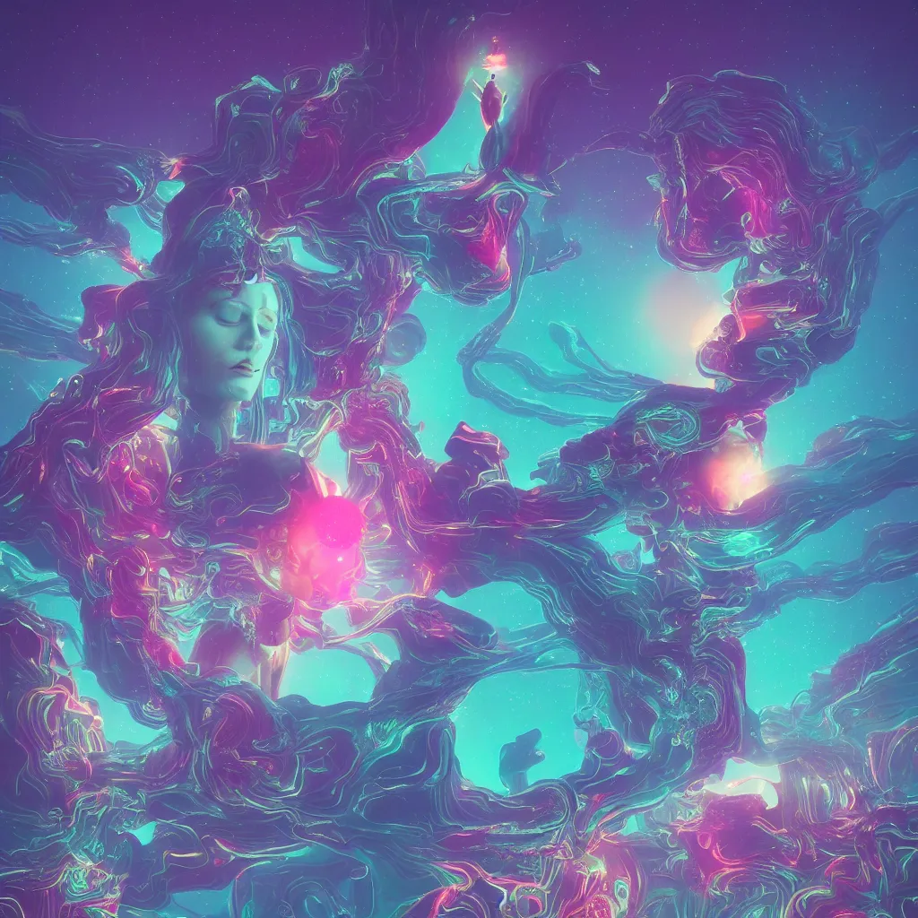 Image similar to a goddess of a world full of life divine thrill of the biological tranquil sky, atoms floating, horror, artwork by beeple and lisa frank, fantasy, intricate, highly detailed, artstation