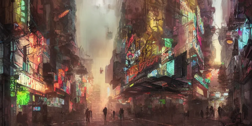 Prompt: a guatemalan solitary cyberpunk city, abandoned with neon ads and signs with evocative dramatic mood, fog, by jeremy mann and alphonse mucha, fantasy art, photo realistic, sunshaft, bloom, imax, dynamic lighting, artstation, poster, volumetric lighting, very detailed faces, 4 k, award winning