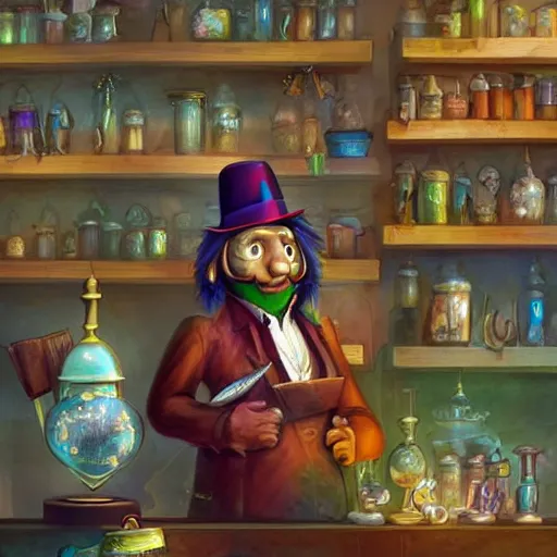 Image similar to Anthropomorphized parrot trader in his shop, shelves full, selling a gem, portrait, items, magic potions, fancy hat, sly expression , cunning expression, cute expression, presenting magic gem, D&D, fantasy, cinematic lighting, highly detailed, digital painting, artstation, concept art, smooth, sharp focus, illustration, warm light, cozy warm tint, magic the gathering artwork, volumetric lighting, 8k, no gold, no gold colours, art by Akihiko Yoshida, Greg Rutkowski