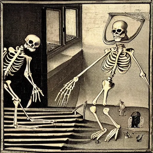 Image similar to a skeleton walking towards a man who is lying on a bed, in the style of Hieronymus Bosch.