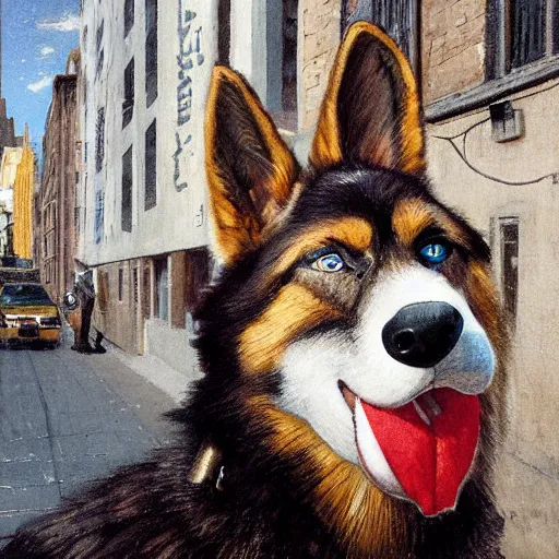 Image similar to new york city portrait of furry anthro anthropomorphic german shepard head animal person fursona wearing clothes nypd traditional police uniform in the alley, sunny day, digital art by Nerdrum John, William Waterhouse, Winslow Homer, Alex Heywood, Jordan Grimmer, Darren Quach, Greg Rutkowski, Simon Stalenhag, trending on Artstation, CGSociety