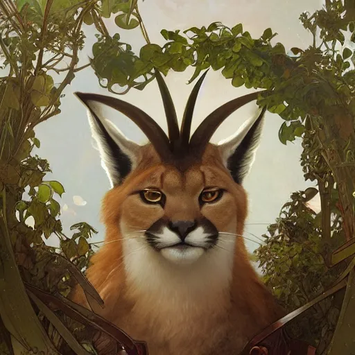 Image similar to concept art, a cute fluffy caracal, laurel wreath on his head, 8 k, alphonse mucha, james gurney, greg rutkowski, john howe, artstation