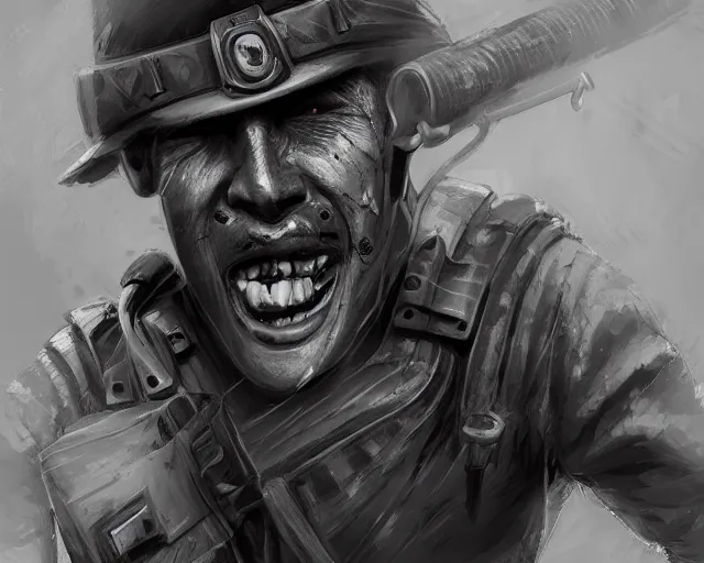 Prompt: A soldier with a hateful face aiming at a cat, long shot, world war 1, close-up, realistic face, beautiful face detail, mature facial features, black and white, amazing digital art, hyper detailed, artstation, in the style of Tony Sart