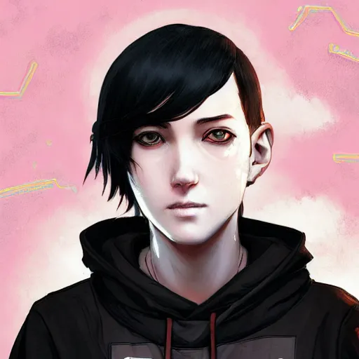 Image similar to a pale skinny white young girl with black hair, the hime cut, 1 8, in a black hoodie, and a cat, apex legends character, digital illustration portrait design, by android jones and greg rutkowski, retrowave color scheme, detailed, cinematic lighting, wide angle action dynamic portrait