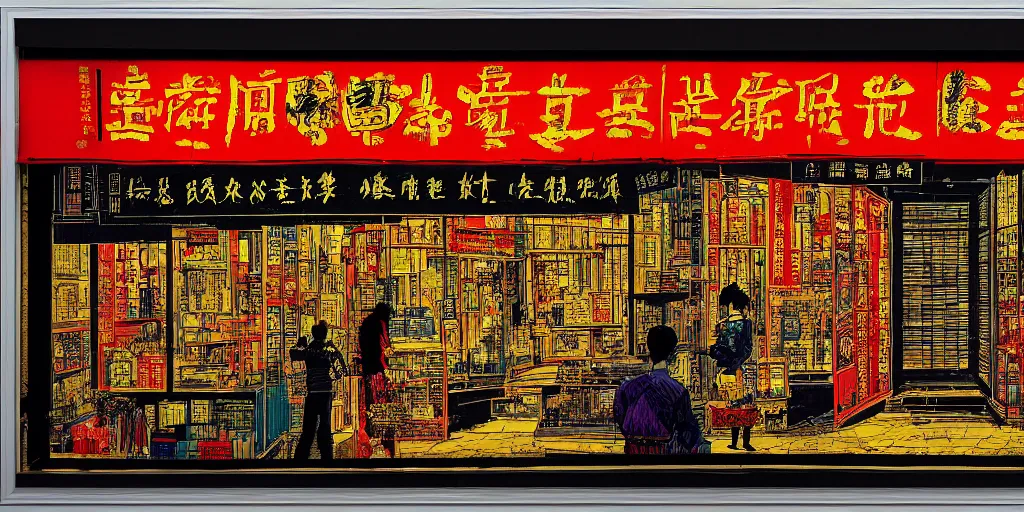 Image similar to a shop window in hong kong, by dan mumford and peter doig and edward hopper, minimal, black ink, thick lines, highly detailed, muted colours, overlaid with chinese adverts, 8 k