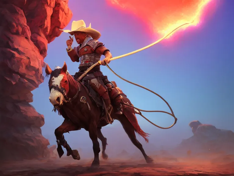 Image similar to joe biden as a cowboy wielding a bullwhip, craters erupt in background, rule of thirds, red and blue gradient, photorealistic facial features, league of legends splash art, by chengwei pan, huang guangjian, viktoria gavrilenko, artgerm, greg rutkowski, 8 k, octane, digital painting, artstation