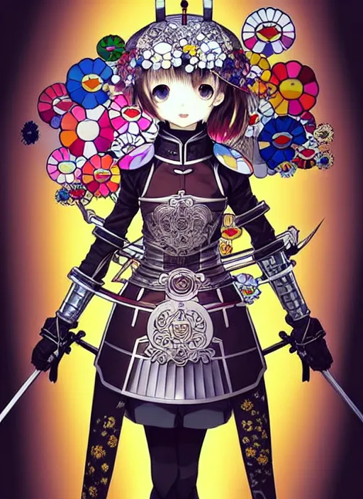 Image similar to takashi murakami, ilya kuvshinov, anime female knight in. ornate armor by, last exile, murata range, fine detail, perfect, dramatic lighting, dynamic composition, art deco, cel shading, vivid, rich texture, alphonse mucha, ( ( ( colorful ) ) ), ( ( ( yoshinari yoh ) ) ),