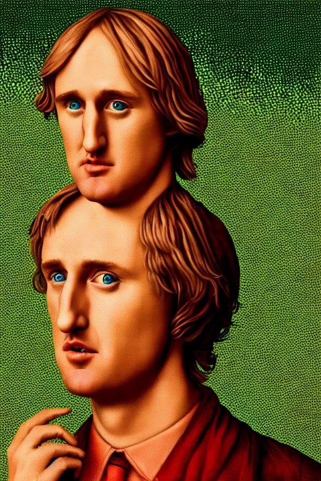 Image similar to bizarre renaissance portrait of owen wilson in a sea of thousands of highly detailed tomatos, dramatic cinematic lighting, 8 k, beautiful intricate pop - art painting