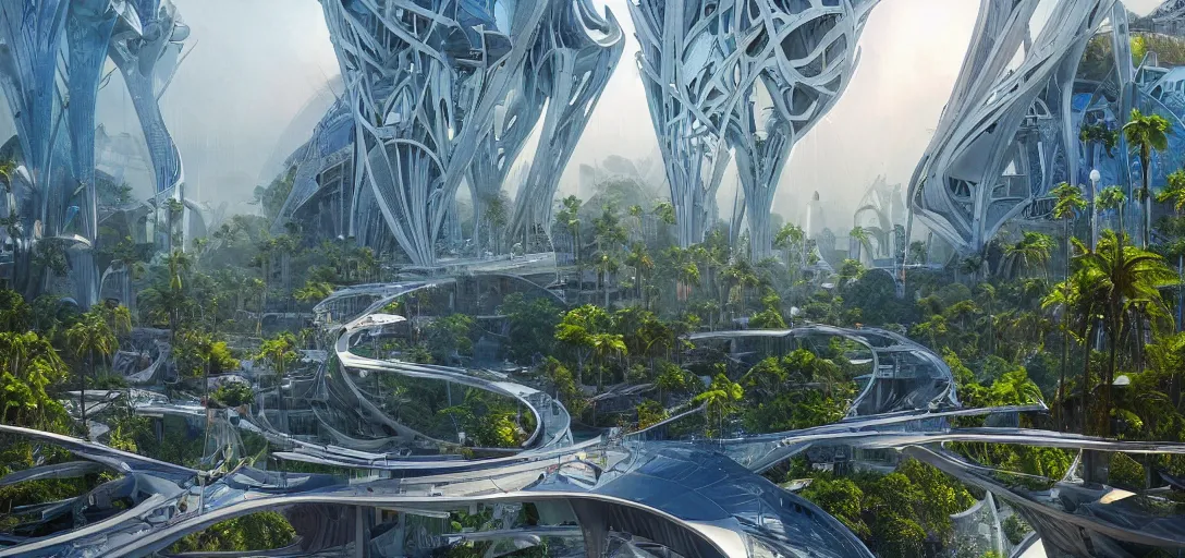 Prompt: highly detailed futuristic architecture by Jean Nouvel and Antoni Gaudí, reflective lighting, stylized vegetation, bridges, ground-level view, puddles of turquoise water, foggy atmosphere, stunning sunny lighting, sunrise, vivid colors, in the style of pixar animation, trending on Artstation, 8k, matte painting, ray tracing, hyper detailed, unreal engine 5, cinematic, epic lighting, cryengine, octane render, cyberpunk, red and orange glow, vibrant