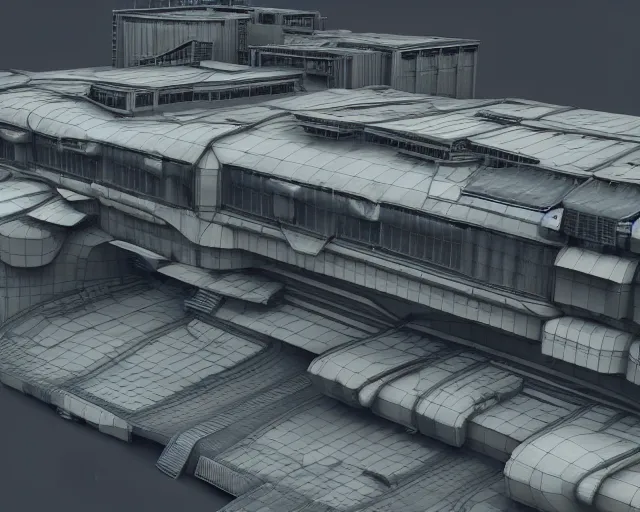 Prompt: 3 d sculpt of a thick cylindrical curvilinear industrial multi story sprawling with walkways military scifi giant warehouse facade gun metal airport inspired by the matrix, star wars, ilm, beeple, star citizen halo, mass effect, starship troopers, elysium, the expanse, high tech industrial, artstation unreal