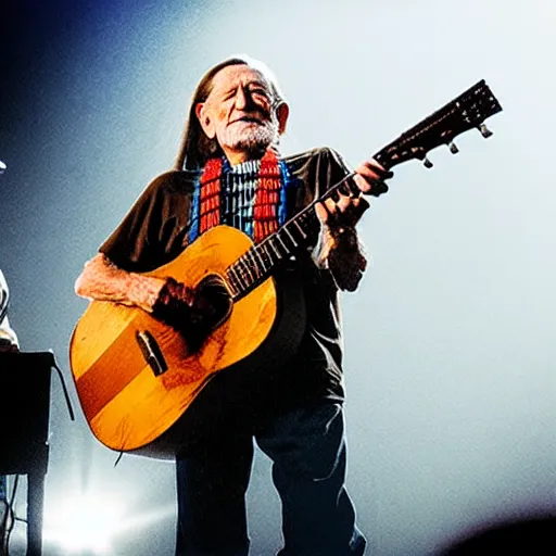 Image similar to willie nelson on stage, four fingers holding a guitar. god rays through fog.