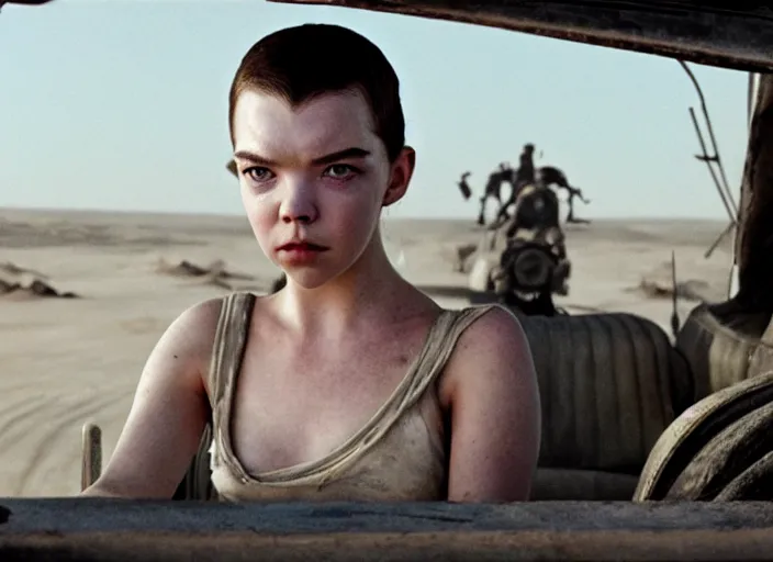 Image similar to anya taylor - joy in mad max fury road, cinestill, anamorphic