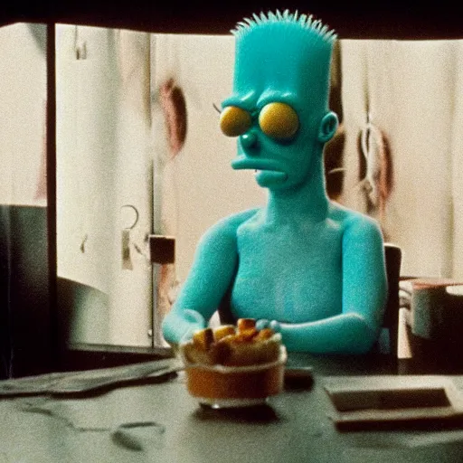 Prompt: b - grade horror film budget production a very strange creature made of cronenberg simpsons