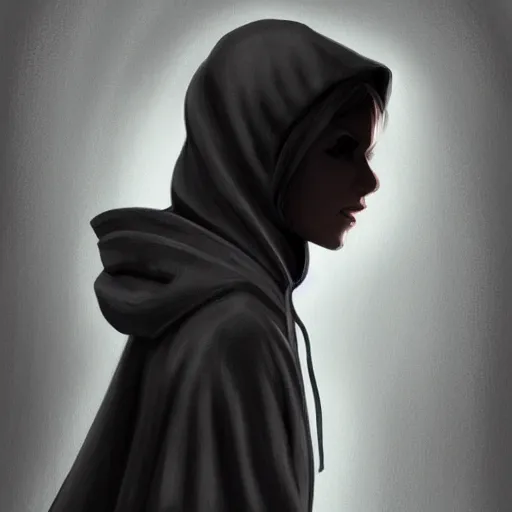 Image similar to Woman wearing hoodie, dark, menacing, artstation, digital art