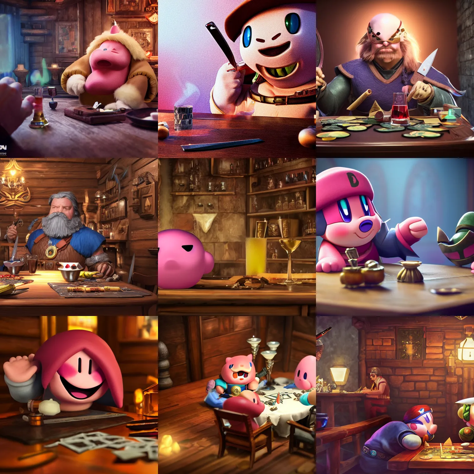 Prompt: kirby with a knife and an eye patch sitting in a d & d fantasy tavern, 4 k, ultra realistic, octane render