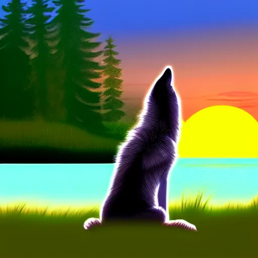 Image similar to view from behind of wolf pup sitting on the shore of a pond, looking out at a sunset, digital art, award winning stunning illustration